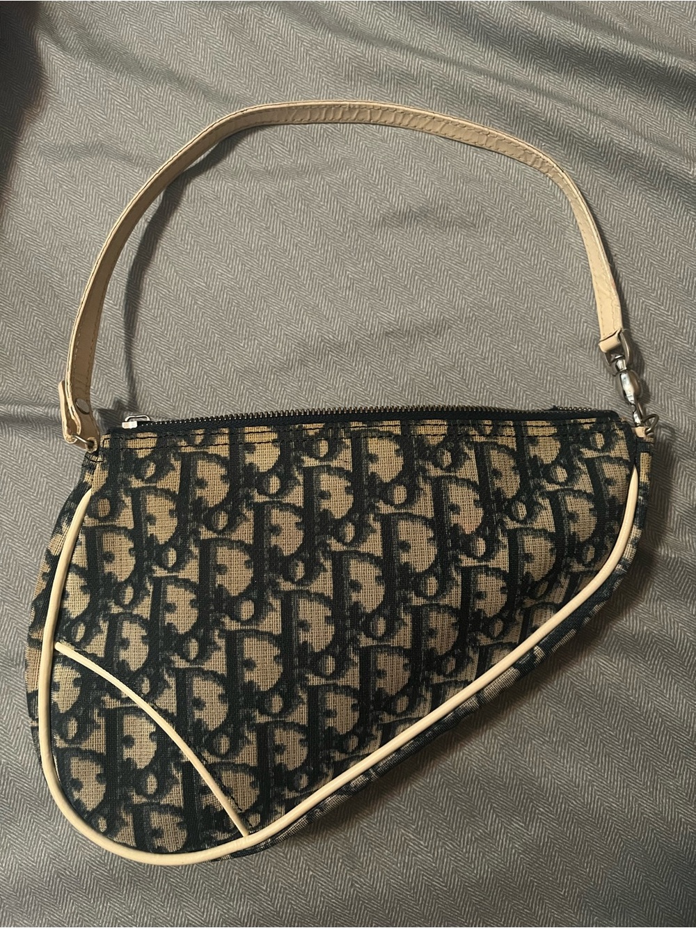 Vintage Dior saddle canvas Monogram Shoulder Bag in Beige and Black